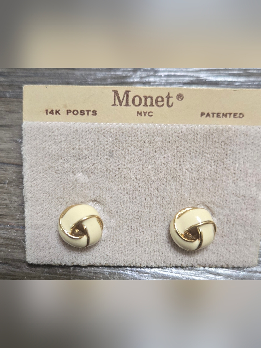 Vintage Monet Cream and Gold Love  Knot Enamel Stud Earrings With 14k Post.